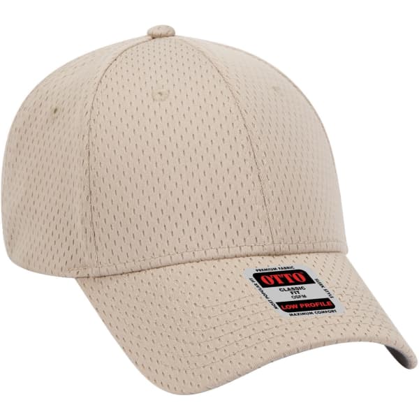 A beige 6 panel low profile baseball cap featuring a branded tag and a breathable mesh design.