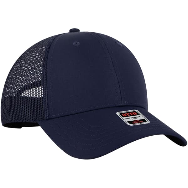 A navy low profile trucker cap featuring a mesh back and a small logo on the front.