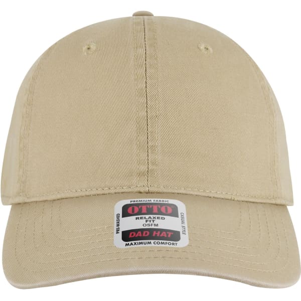 A beige, six-panel low profile dad cap featuring a logo on the front. Comfortable and stylish headwear option.