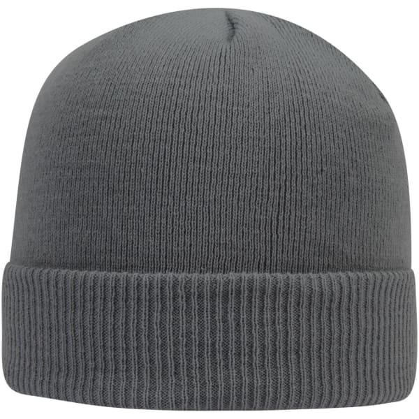 A grey classic knit beanie with a ribbed cuff and a smooth top, featuring a logo.