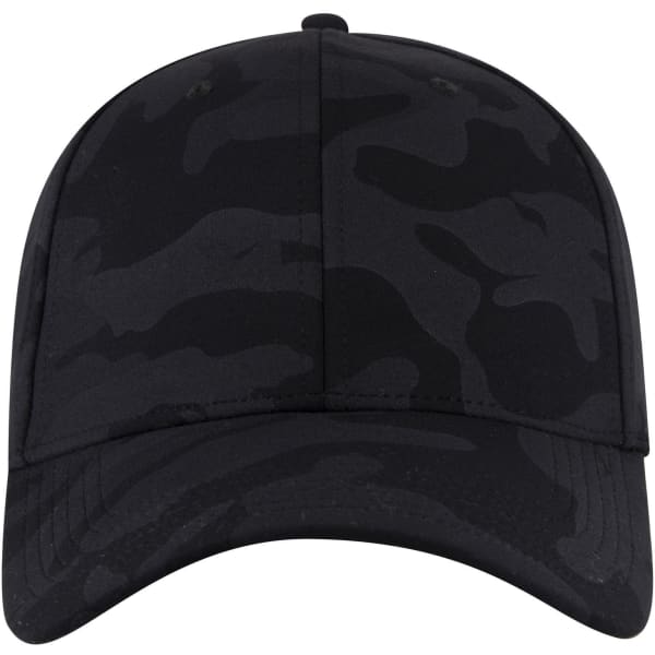 A black camo baseball cap with a low-profile six-panel design and a logo on the front.