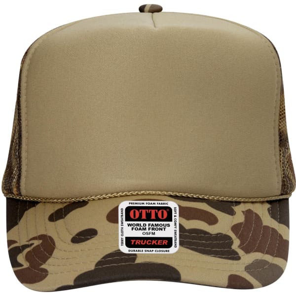 A high crown trucker cap featuring a camouflage pattern with a tan front panel and a mesh back. The cap has a logo.