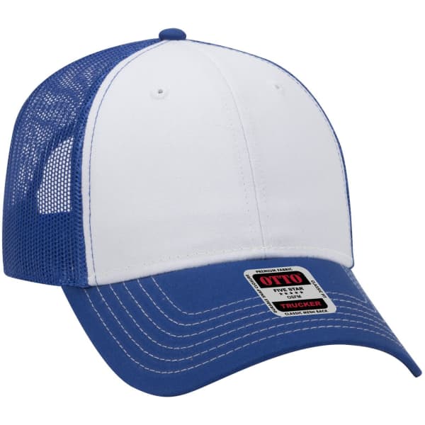 A low profile trucker cap with a white front and blue mesh back, featuring contrasting white stitching and a logo.