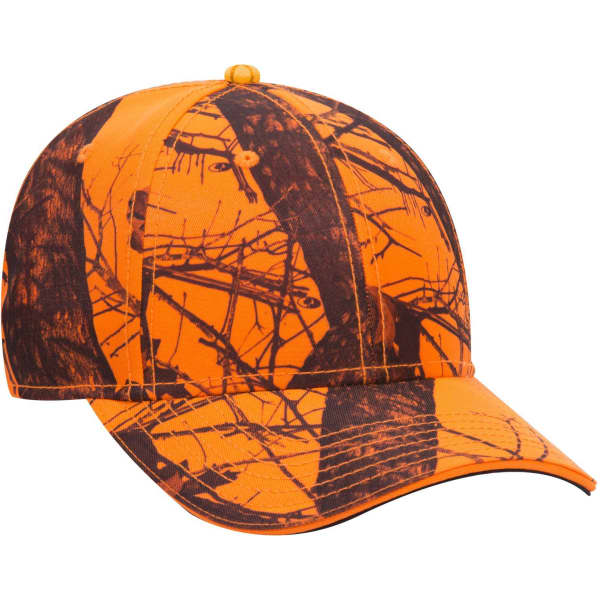 A low-profile baseball cap in orange camouflage pattern with a logo on the front, featuring a curved brim.