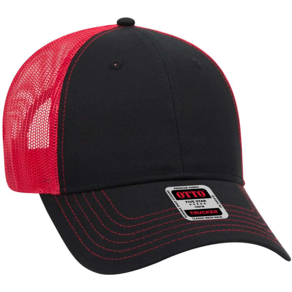 A black and red 6 panel low profile trucker cap with a mesh back and a logo on the front.