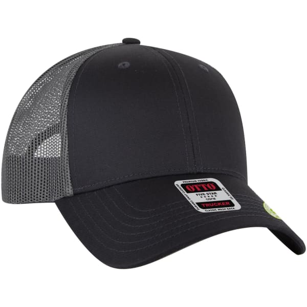 A low profile trucker cap in black with a grey mesh back and a logo on the front.