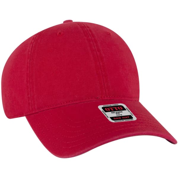 A red six-panel low profile dad cap featuring a curved brim and an adjustable strap at the back. It has a logo.