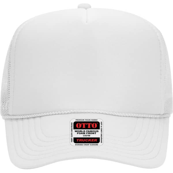 A white 5 Panel High Crown Trucker Cap with a mesh back and a branded logo on the front panel.