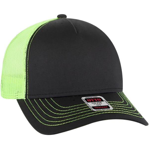 A black and neon green 5 Panel Low Profile Trucker Cap with a mesh back and a logo on the front.
