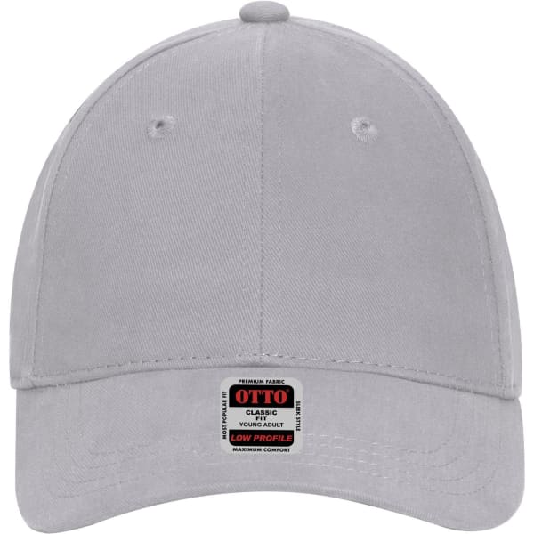 A grey low profile baseball cap with a rounded crown and a branded tag on the back.