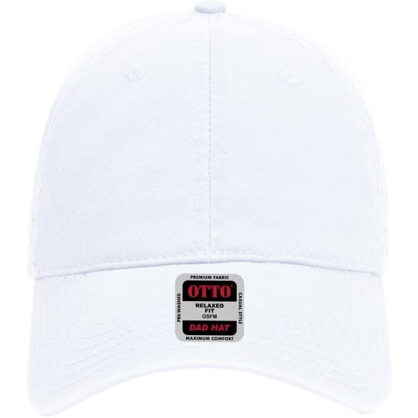 A white 6 Panel Low Profile Dad Cap featuring a logo. The cap has a relaxed fit and is made from premium fabric.