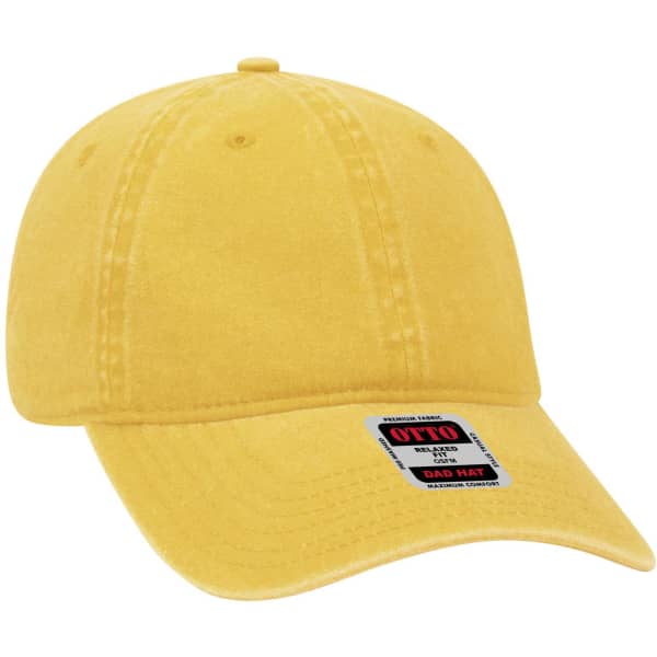 A yellow 6-panel low profile dad cap with a logo on the front and an adjustable strap at the back.