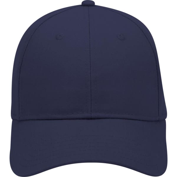 A navy blue 6 panel low profile baseball cap featuring a plain design and a logo.