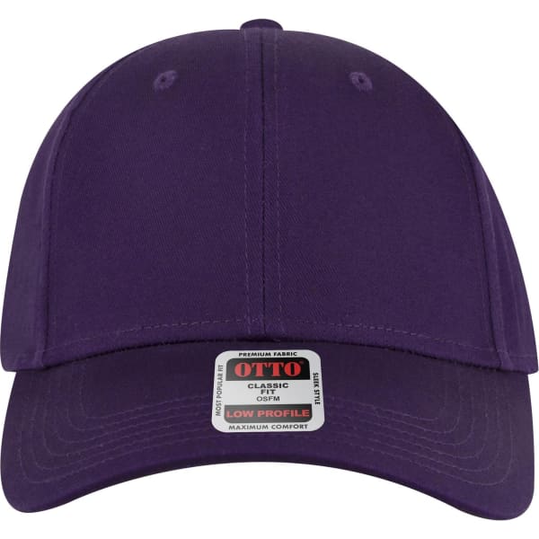 A purple low profile baseball cap featuring a structured design and a logo on the front.