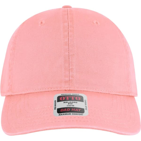 A pink 6-panel low-profile dad cap featuring a logo on the front and a relaxed fit design.