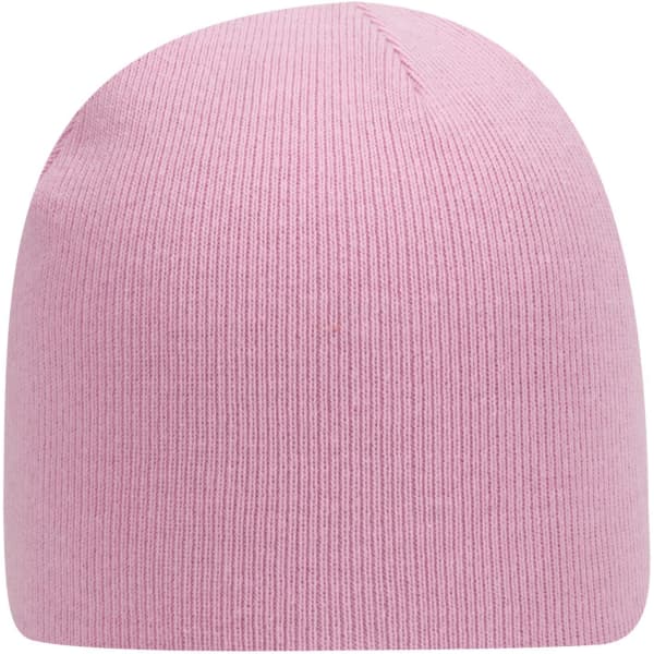 A pink knit beanie with a ribbed texture and a rounded top. It features a logo on the side.