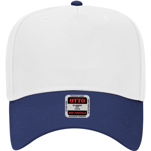 A white and navy blue 5 Panel Mid Crown Baseball Cap with a logo on the front.