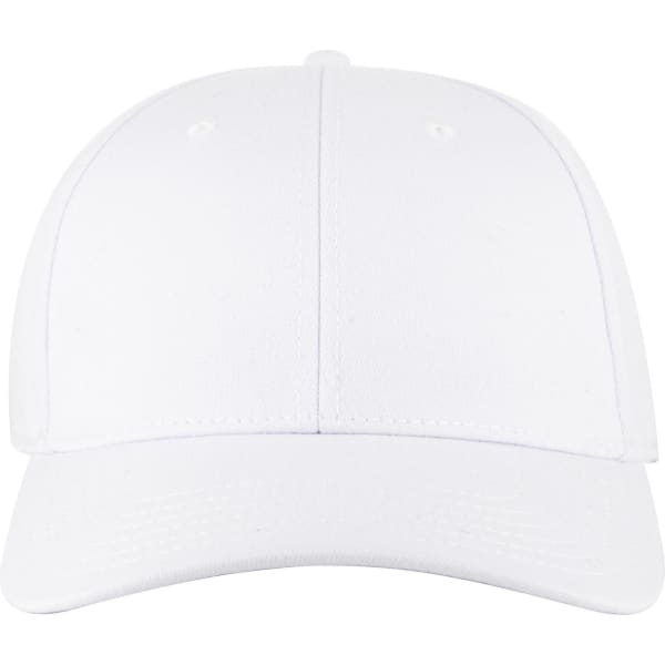 A white 6-panel low profile baseball cap with ventilation holes and a curved peak, featuring a logo on the front.