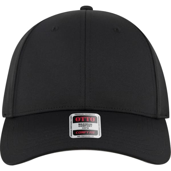 A black 6 panel low profile baseball cap with a logo on the front and a tag for "Comfy Fit."