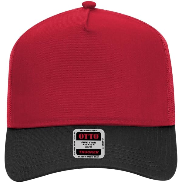 A red and black 5 panel mid profile trucker cap with a logo on the front and a flat brim.