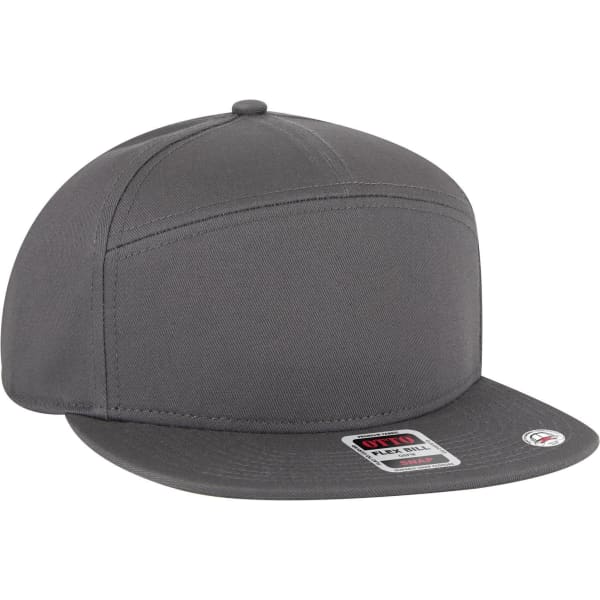 A grey 7 Panel Mid Profile Snapback Cap with a flat brim and a logo on the side.