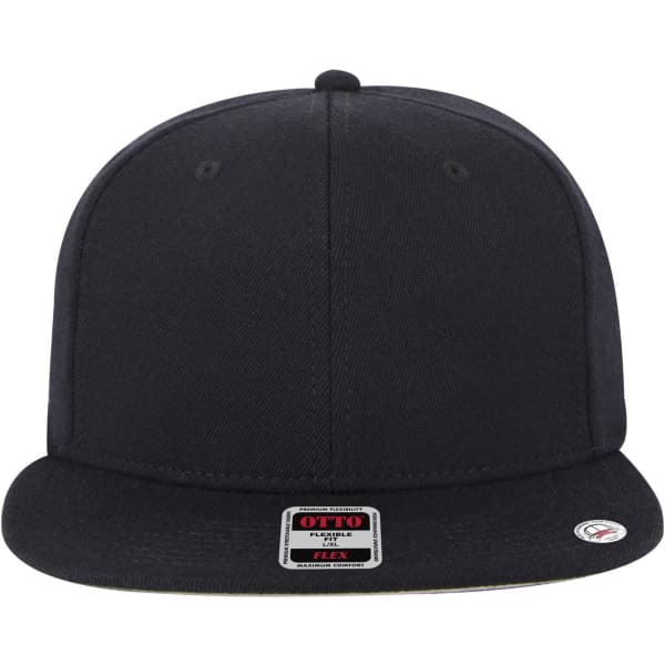 A black 6 panel mid profile style baseball cap with a tag and a logo on the front.
