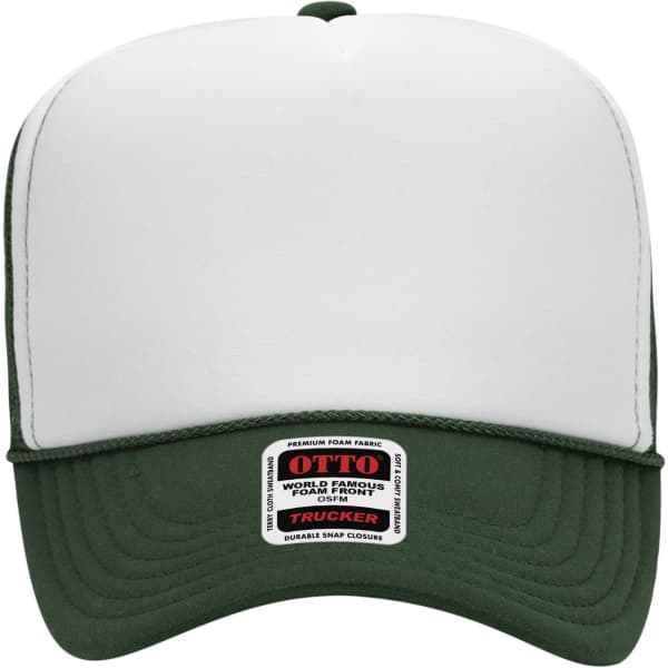 A green and white 5 Panel High Crown Trucker Cap featuring a branding label on the front.