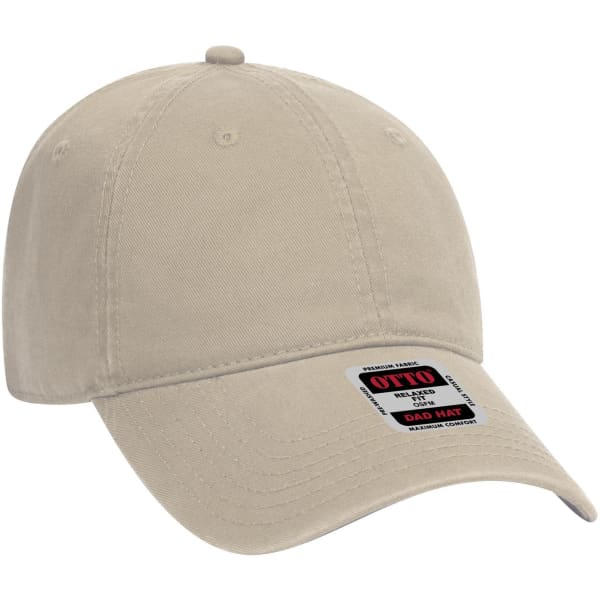 A beige 6 panel low profile dad cap with a logo on the front and a tag attached.