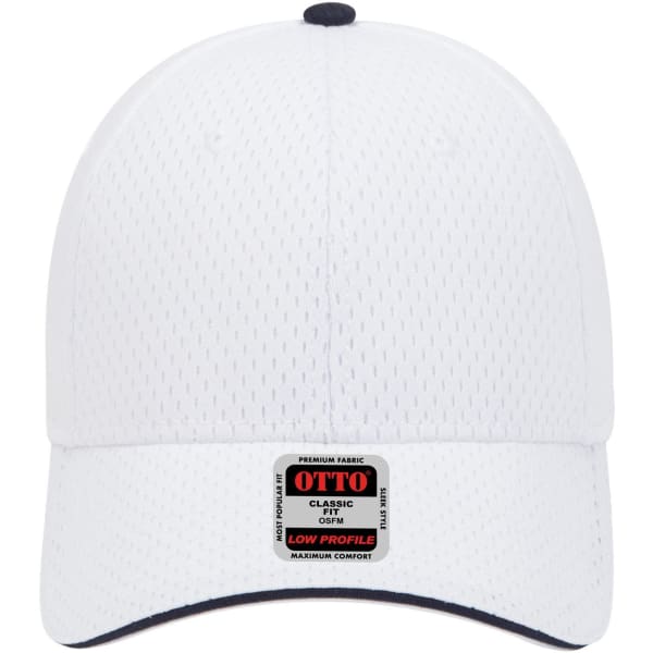 A white 6 panel low profile baseball cap with a dark navy brim and a logo on the front.