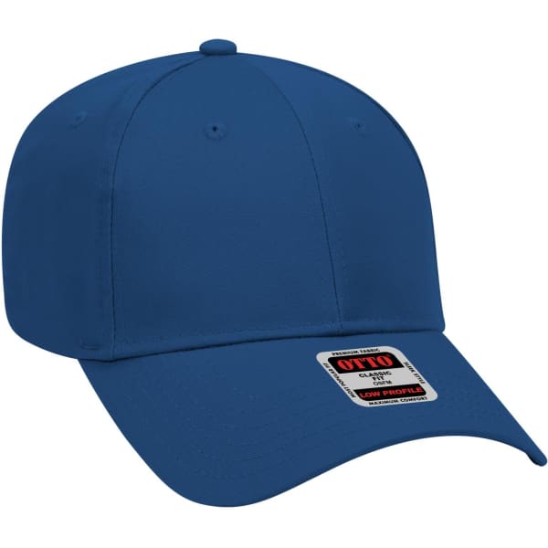 A blue 6-panel low profile baseball cap with a logo on the side.