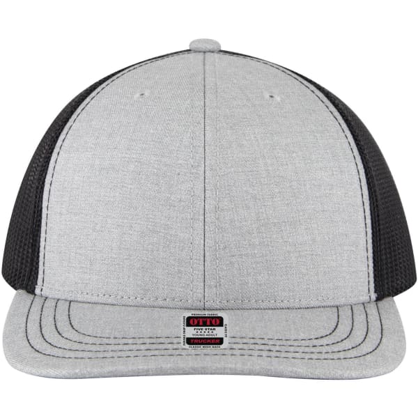 A grey and black 6 panel mid-profile trucker cap with a mesh back and a small logo on the front.