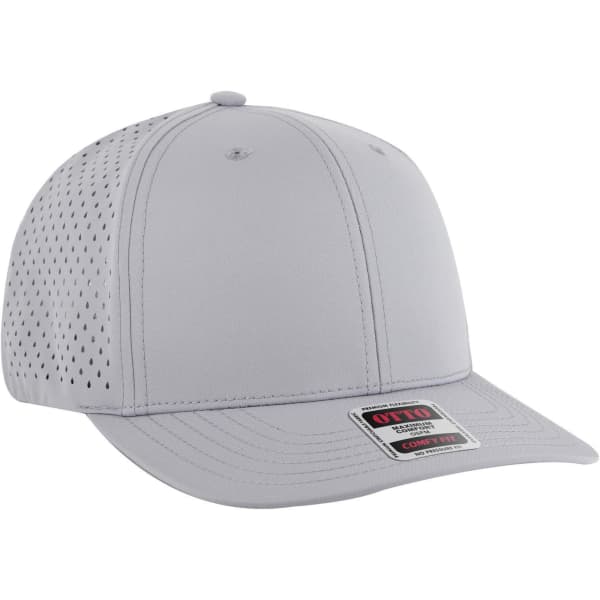 A grey 6-panel mid-profile baseball cap with decorative perforations and a logo on the front.