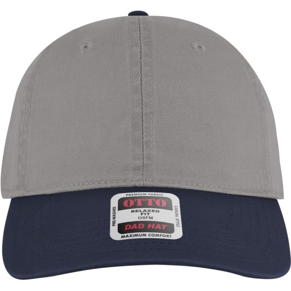 A grey and navy 6 panel low profile dad cap with a branding label on the front.