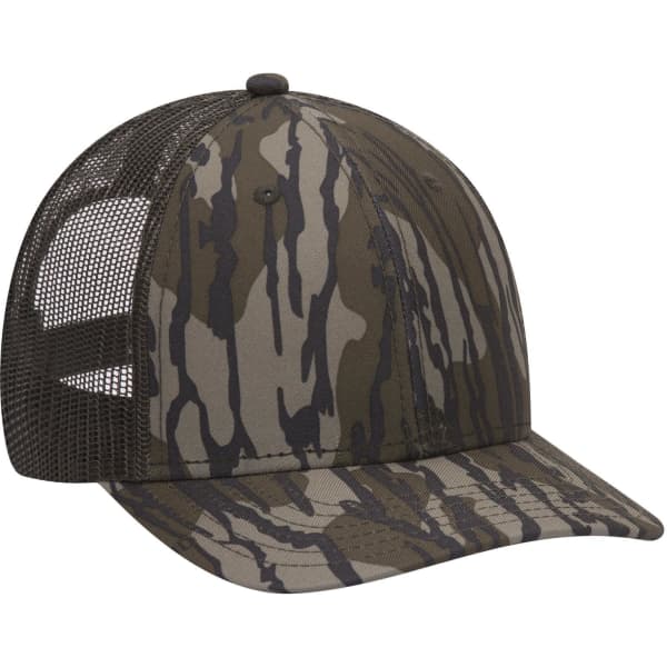 A low-profile baseball cap featuring a camouflage design in shades of brown and green, with a mesh back and a logo.