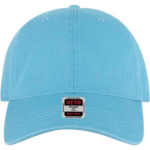A light blue 6 Panel Low Profile Dad Cap featuring a logo on the front. Ideal for casual wear.