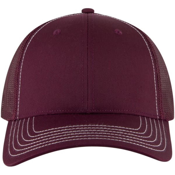 A maroon 6-panel low profile trucker cap with mesh sides and contrast stitching, featuring a logo on the front.