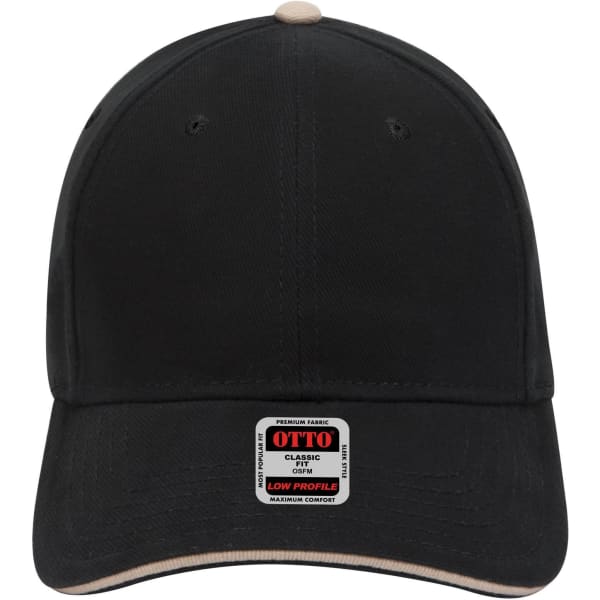 A black low profile baseball cap featuring a light beige underbill and a logo on the front.