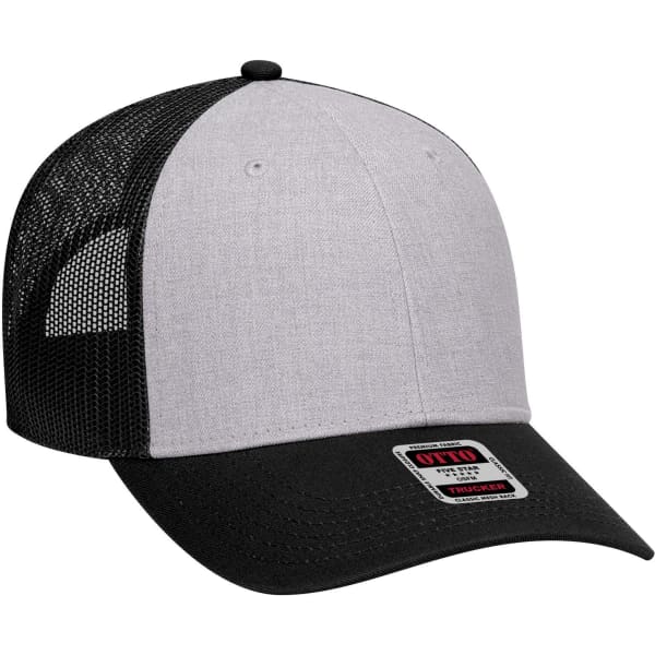 A low profile trucker cap featuring a grey front and black mesh back, complete with a branding label.