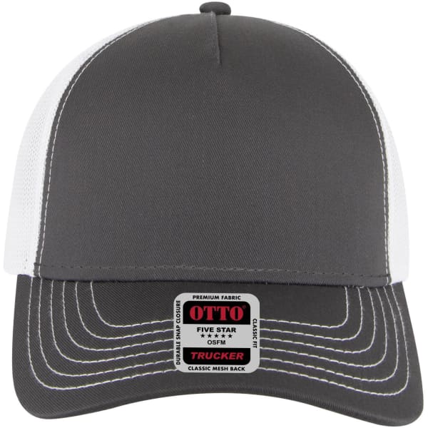A 5 panel low profile trucker cap in grey and white, featuring a mesh back and a logo on the front.