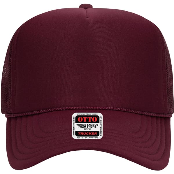 A maroon 5 panel high crown trucker cap with a mesh back and a small brand label on the front.