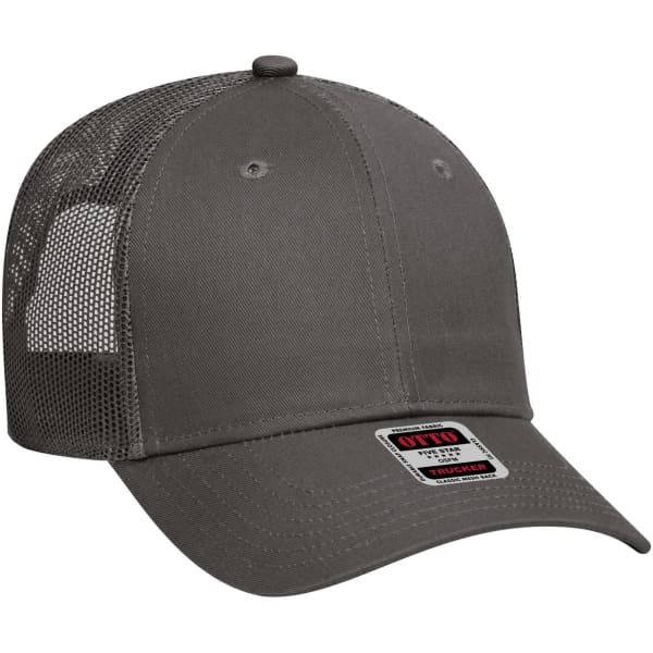 A grey 6 panel low profile trucker cap with mesh panels and a fitted design, featuring a logo on the front.