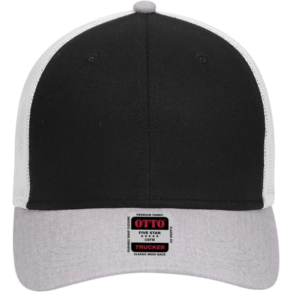 A black and grey low profile trucker cap featuring a logo and a structured design.