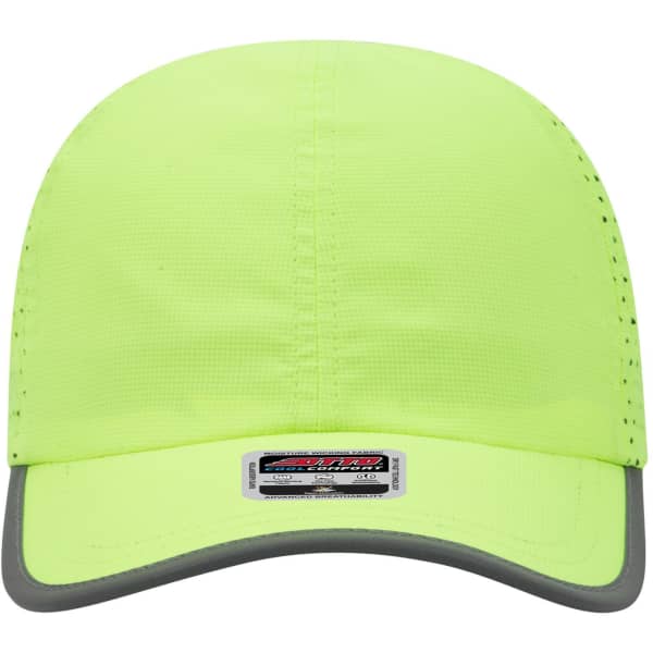 A reflective six-panel running cap in bright yellow with a grey brim and a logo on the front.