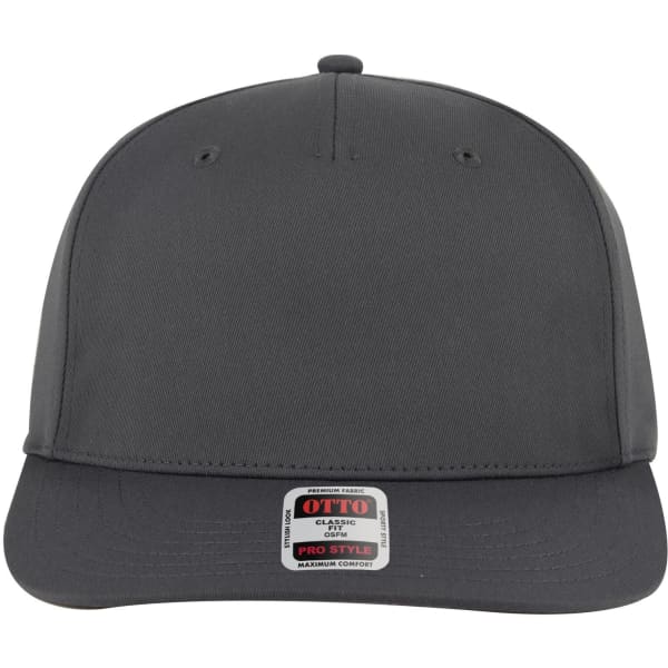 A grey 5 Panel Pro Style Snapback Hat with a flat brim and an adjustable snap closure. Features a branded tag.