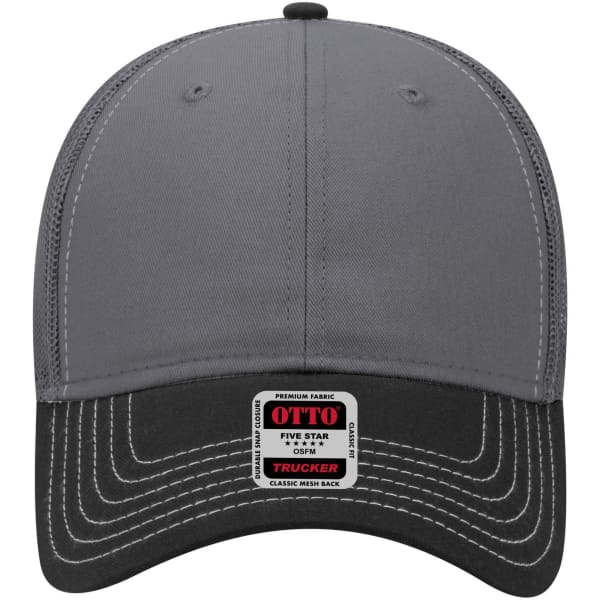 A grey 6 panel low profile trucker cap with a black peak and a mesh back, featuring a logo on the front.