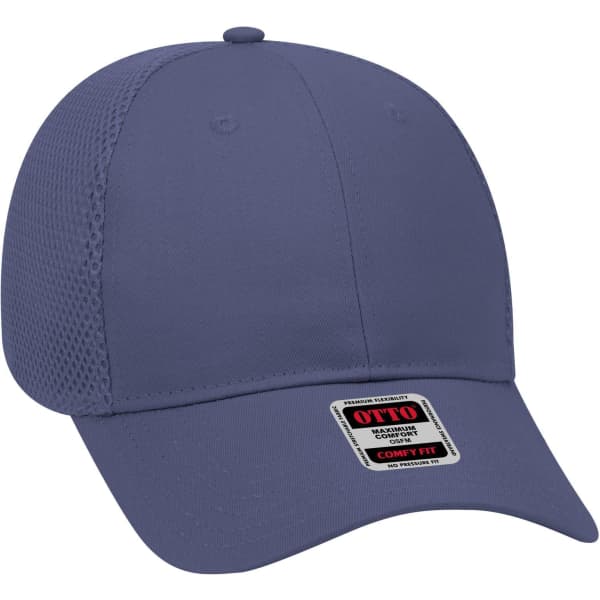 A navy blue low profile baseball cap with a mesh back and a logo label.
