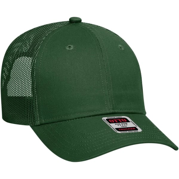 A green 6 panel low profile trucker cap with a mesh back and a branded tag on the front.