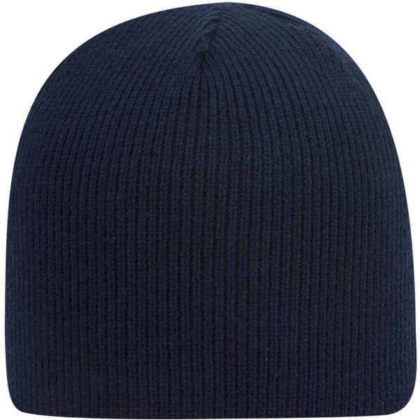 A navy blue classic knit beanie with a ribbed texture, featuring a logo on the side.