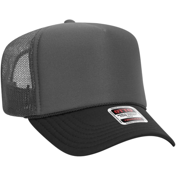 A grey 5 Panel High Crown Trucker Cap with a black brim and mesh panels, featuring a logo on the front.