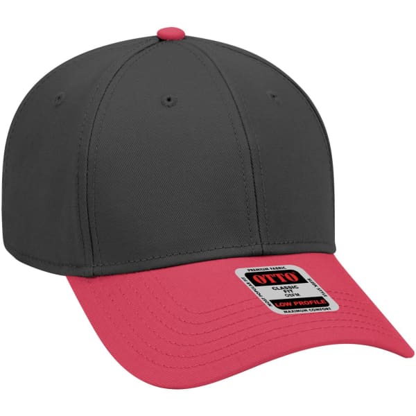 A six-panel low profile baseball cap in dark grey with a pink peak, featuring a logo on the front.